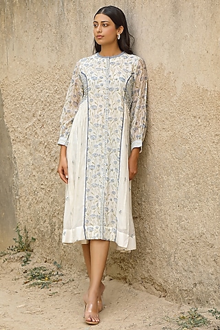 White Cotton Silk Block Printed & Embroidered Dress by AMOREE