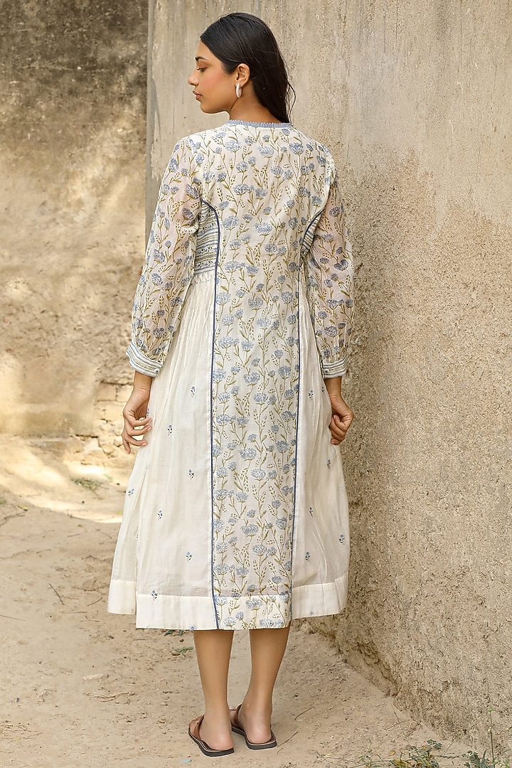 White Cotton Silk Block Printed & Embroidered Vacation Dress by AMOREE at Pernia's Pop Up Shop