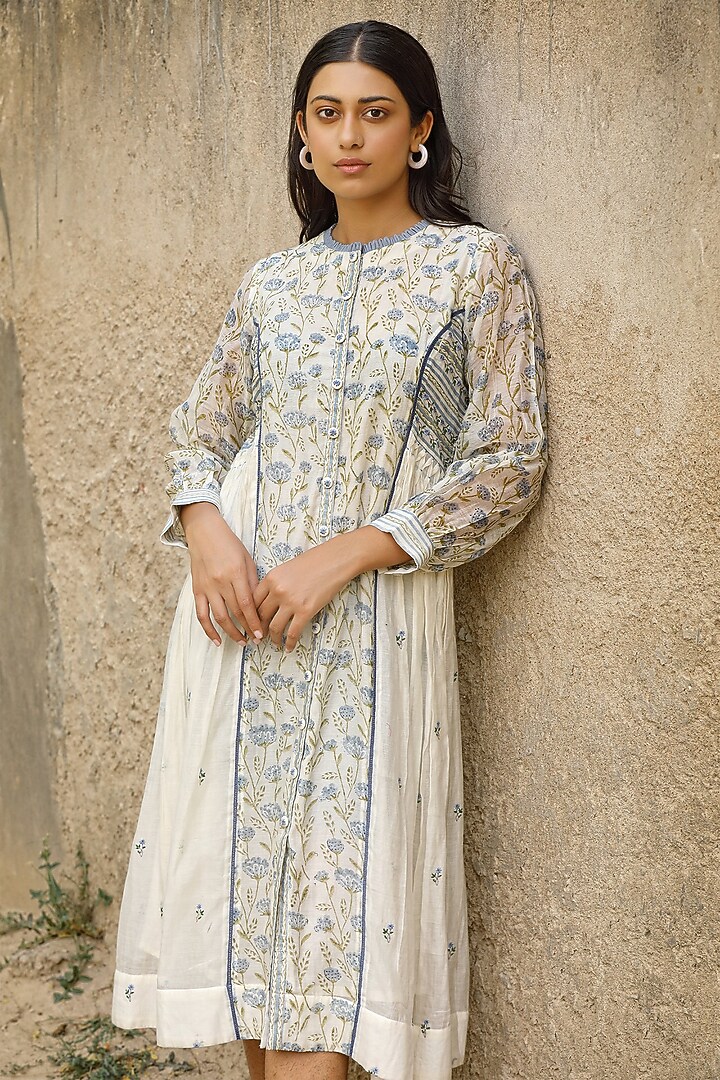White Cotton Silk Block Printed & Embroidered Vacation Dress by AMOREE at Pernia's Pop Up Shop
