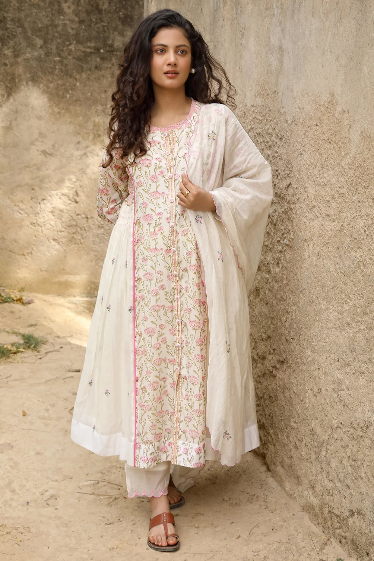 White Cotton Silk Block Printed & Thread Embroidered Kurta Set by AMOREE at Pernia's Pop Up Shop