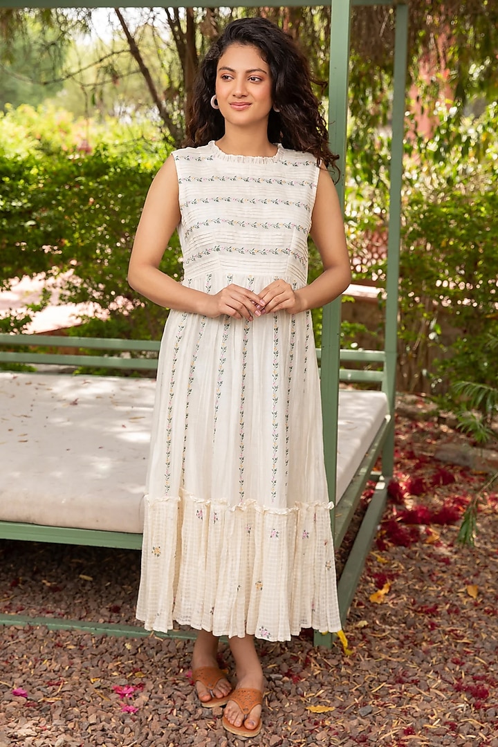 White Cotton Silk Thread Embroidered Dress by AMOREE at Pernia's Pop Up Shop