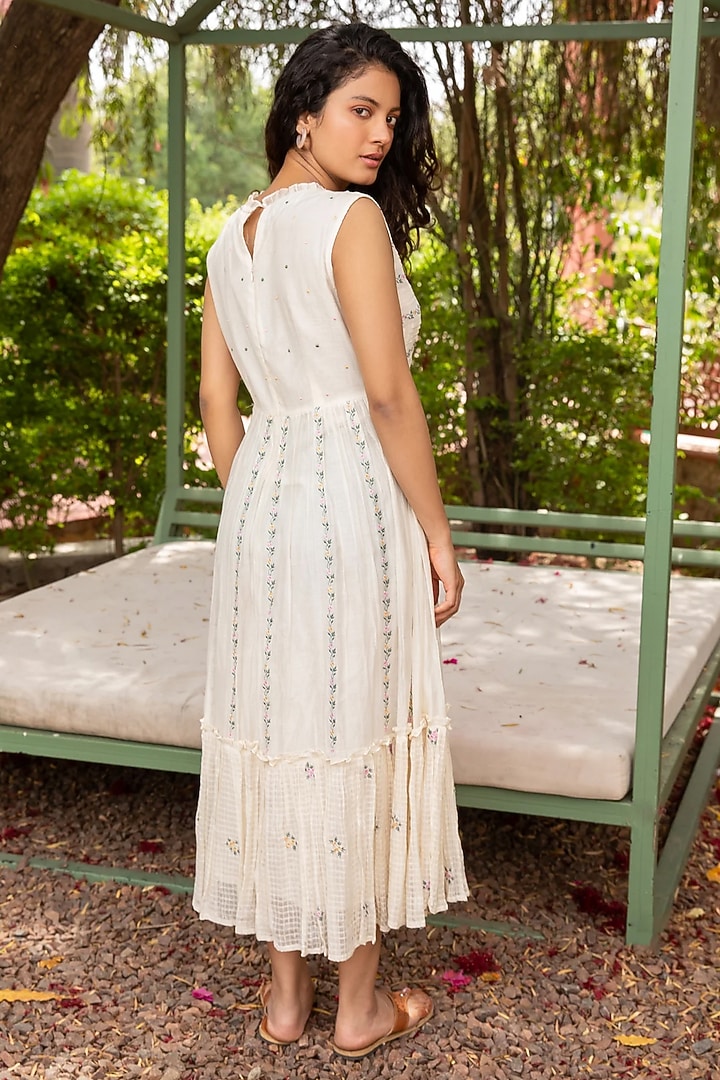 White Cotton Silk Thread Embroidered Dress by AMOREE at Pernia's Pop Up Shop