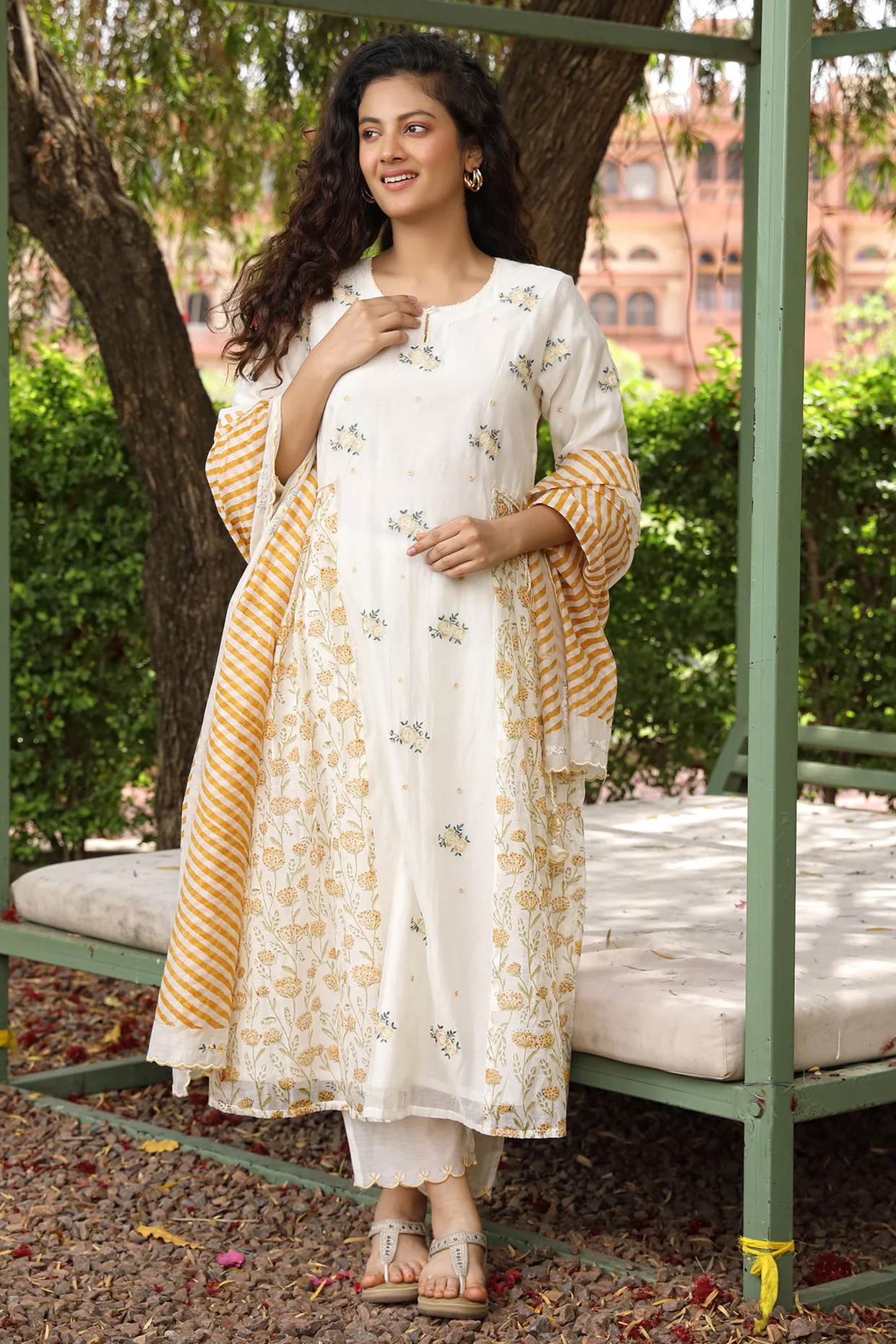 Yellow Cotton Silk Block Printed & Thread Embroidered Kurta Set by AMOREE at Pernia's Pop Up Shop