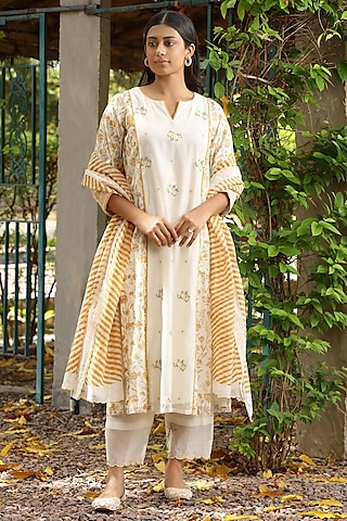 Yellow Cotton Silk Block Printed & Thread Work Kurta Set by AMOREE