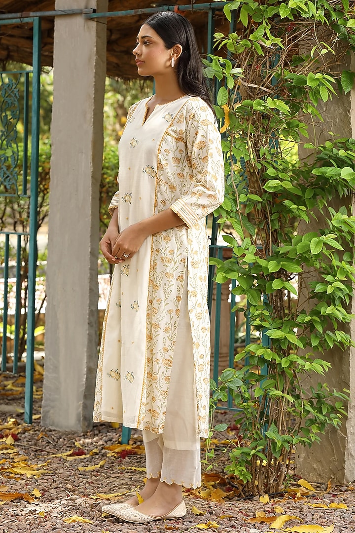 Yellow Cotton Silk Block Printed & Thread Work Kurta Set by AMOREE at Pernia's Pop Up Shop