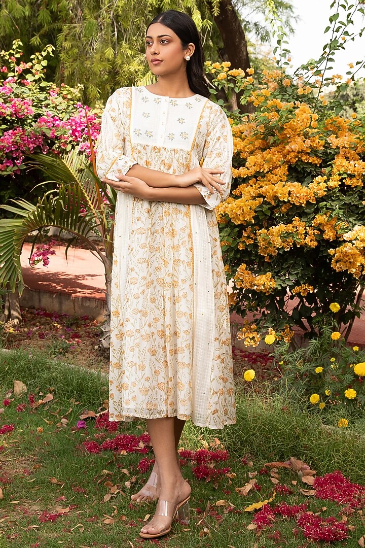 Yellow Cotton Silk Block Printed Vacation Dress by AMOREE at Pernia's Pop Up Shop