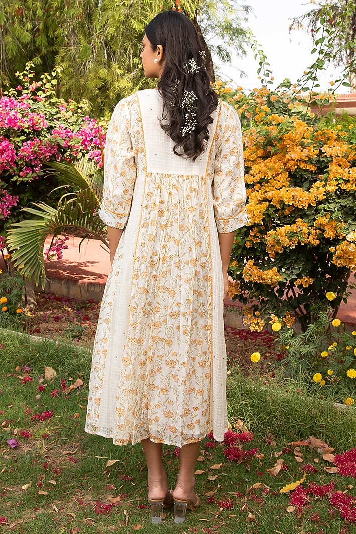 Yellow Cotton Silk Block Printed Vacation Dress by AMOREE at Pernia's Pop Up Shop