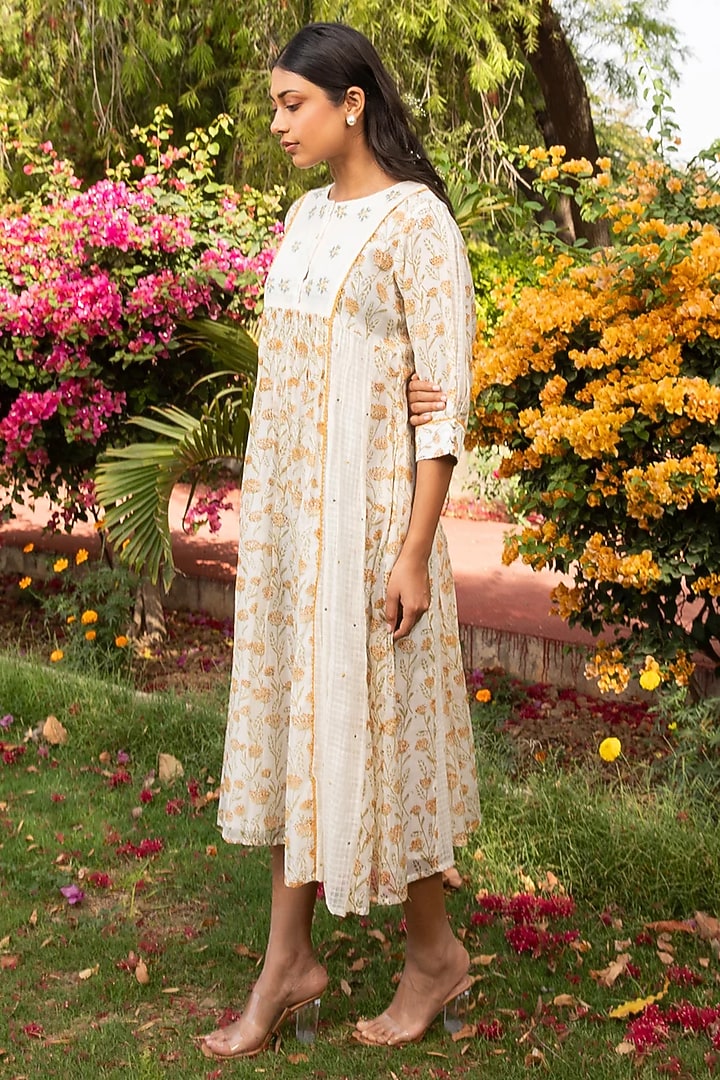 Yellow Cotton Silk Block Printed Vacation Dress by AMOREE at Pernia's Pop Up Shop