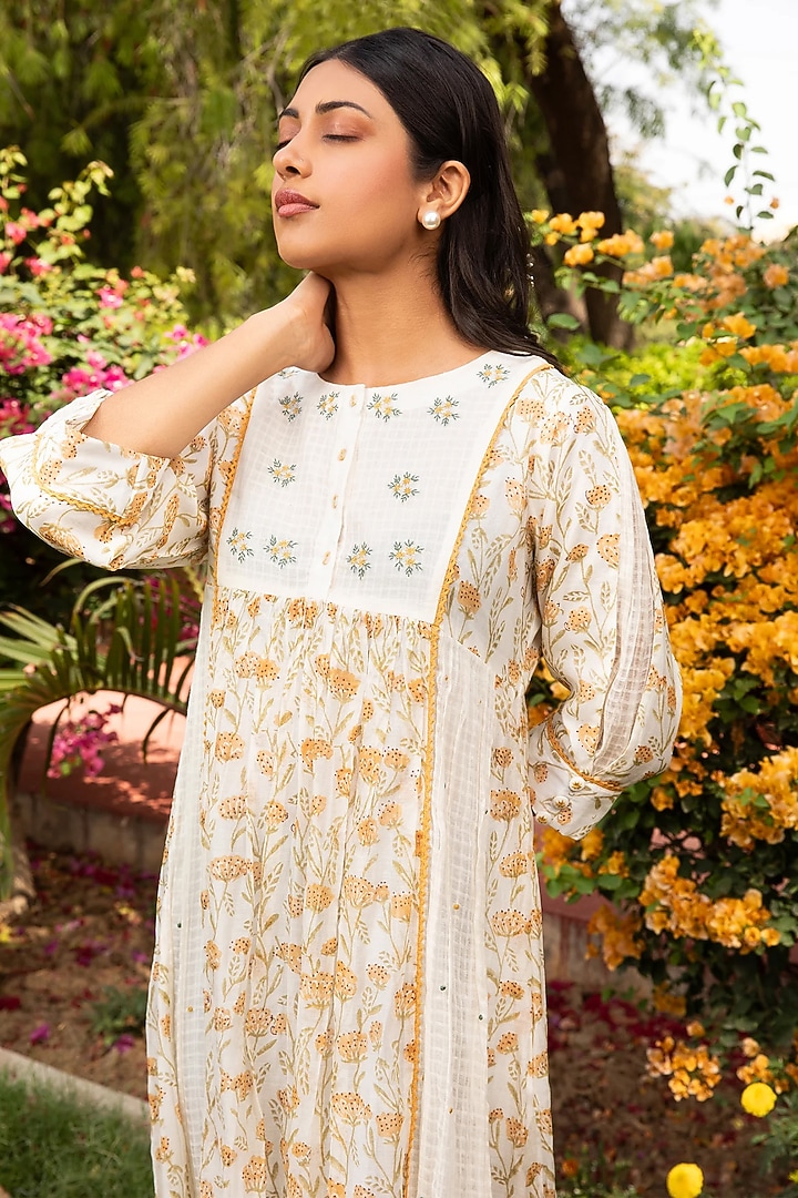 Yellow Cotton Silk Block Printed Vacation Dress by AMOREE at Pernia's Pop Up Shop