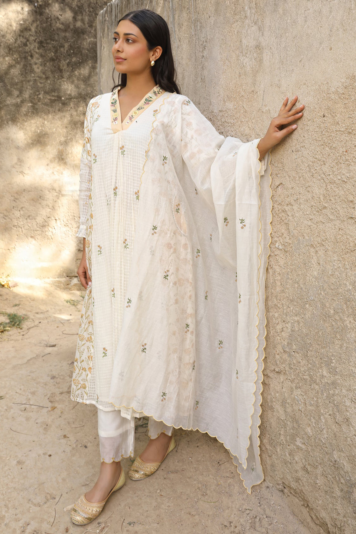 Yellow Cotton Silk Block Printed & Thread Embroidered Kurta Set by AMOREE at Pernia's Pop Up Shop