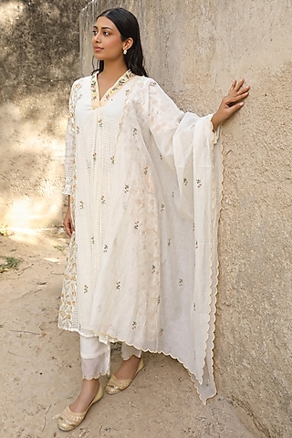 Yellow Cotton Silk Block Printed & Thread Embroidered Kurta Set by AMOREE