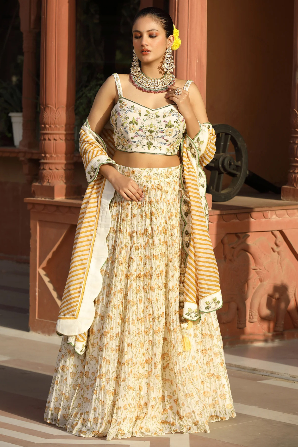 Yellow Cotton Silk Block Printed Wedding Lehenga Set by AMOREE at Pernia's Pop Up Shop