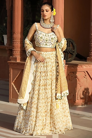 Yellow Cotton Silk Block Printed Lehenga Set by AMOREE