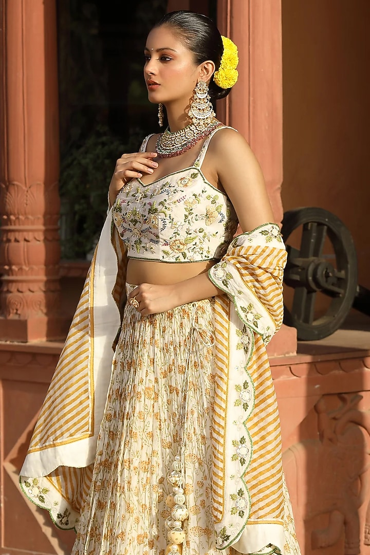 Yellow Cotton Silk Block Printed Wedding Lehenga Set by AMOREE at Pernia's Pop Up Shop
