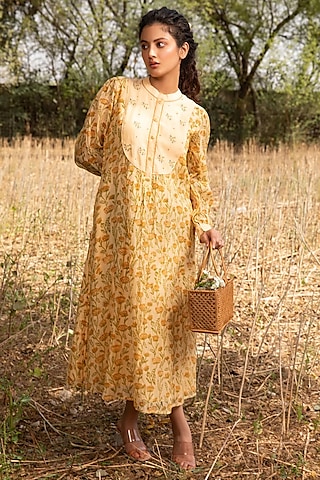 Yellow Cotton Silk Block Printed Dress by AMOREE