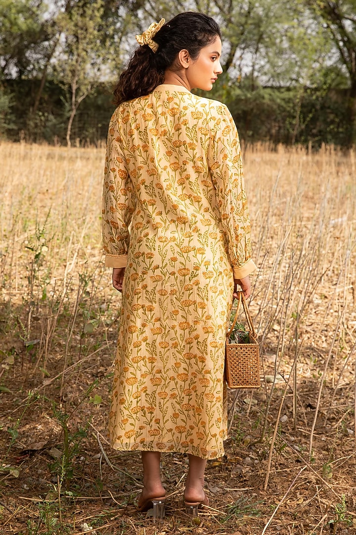 Yellow Cotton Silk Block Printed Vacation Dress by AMOREE at Pernia's Pop Up Shop