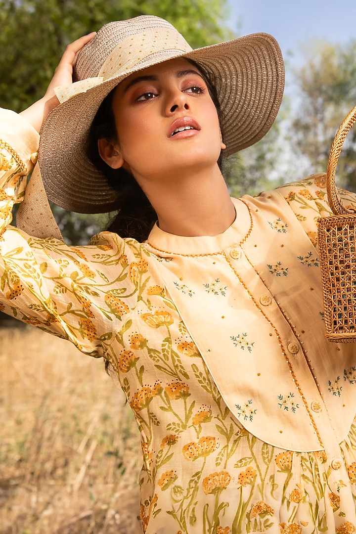 Yellow Cotton Silk Block Printed Vacation Dress by AMOREE at Pernia's Pop Up Shop