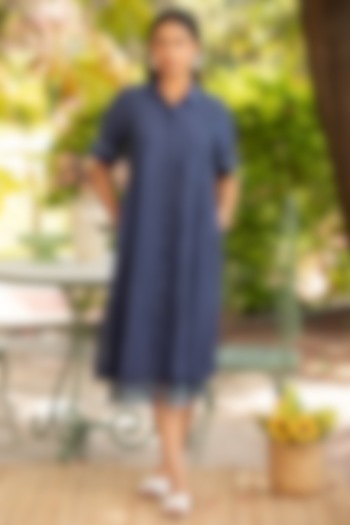 Navy Blue Cotton Silk Thread Embroidered Shirt Vacation Dress by AMOREE at Pernia's Pop Up Shop