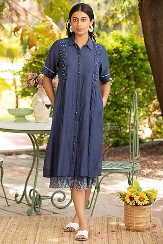 Navy Blue Cotton Silk Thread Embroidered Shirt Dress by AMOREE