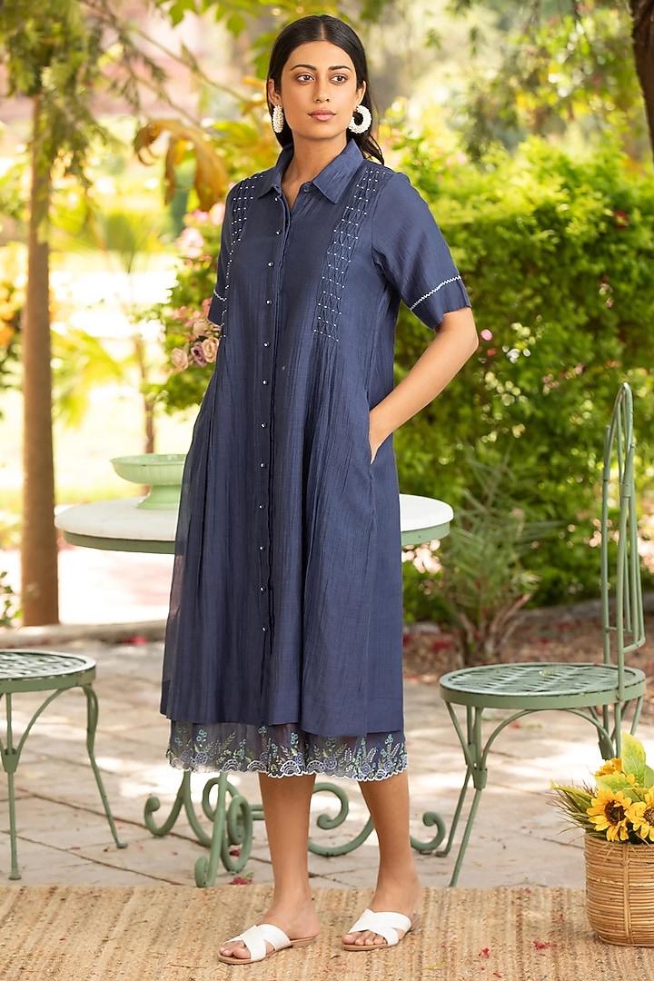 Navy Blue Cotton Silk Thread Embroidered Shirt Vacation Dress by AMOREE at Pernia's Pop Up Shop