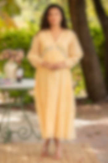 Yellow Cotton Silk Thread Embroidered Vacation Dress by AMOREE at Pernia's Pop Up Shop