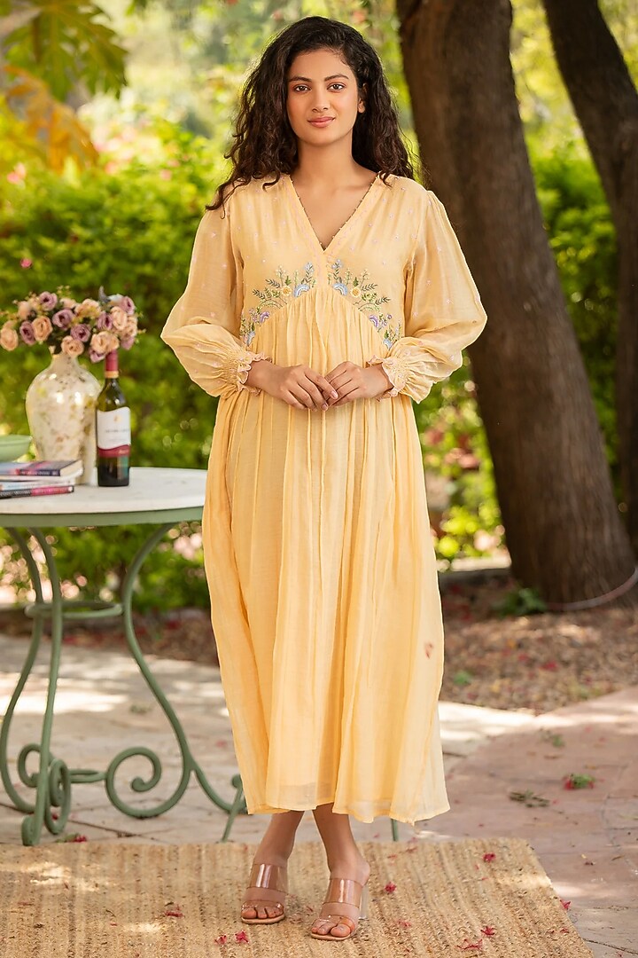 Yellow Cotton Silk Thread Embroidered Vacation Dress by AMOREE at Pernia's Pop Up Shop