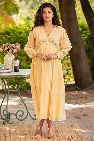 Yellow Cotton Silk Thread Embroidered Dress by AMOREE