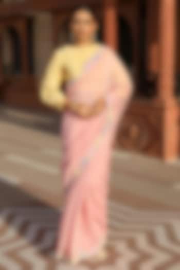 Pink Cotton Silk Thread Embroidered Wedding Saree Set by AMOREE at Pernia's Pop Up Shop