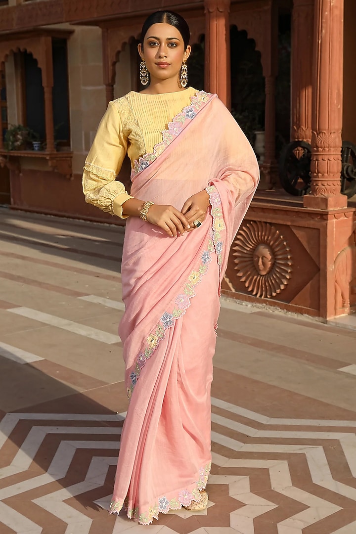 Pink Cotton Silk Thread Embroidered Wedding Saree Set by AMOREE at Pernia's Pop Up Shop