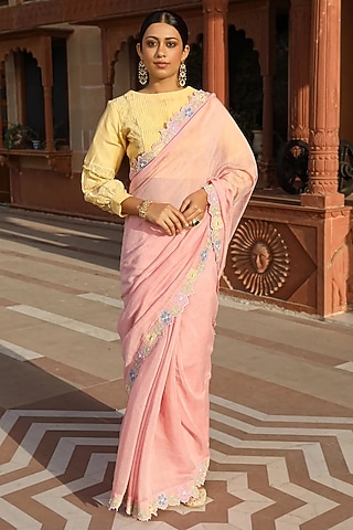 Pink Cotton Silk Thread Embroidered Saree Set by AMOREE