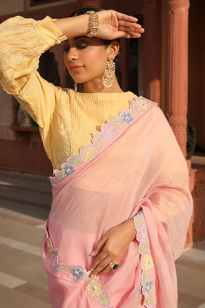 Pink Cotton Silk Thread Embroidered Wedding Saree Set by AMOREE at Pernia's Pop Up Shop