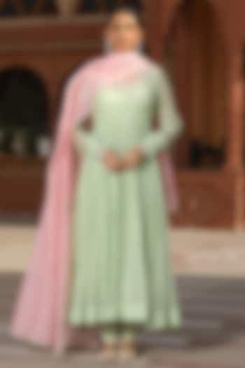 Green Cotton Silk Thread Embroidered Wedding Anarkali Set by AMOREE at Pernia's Pop Up Shop