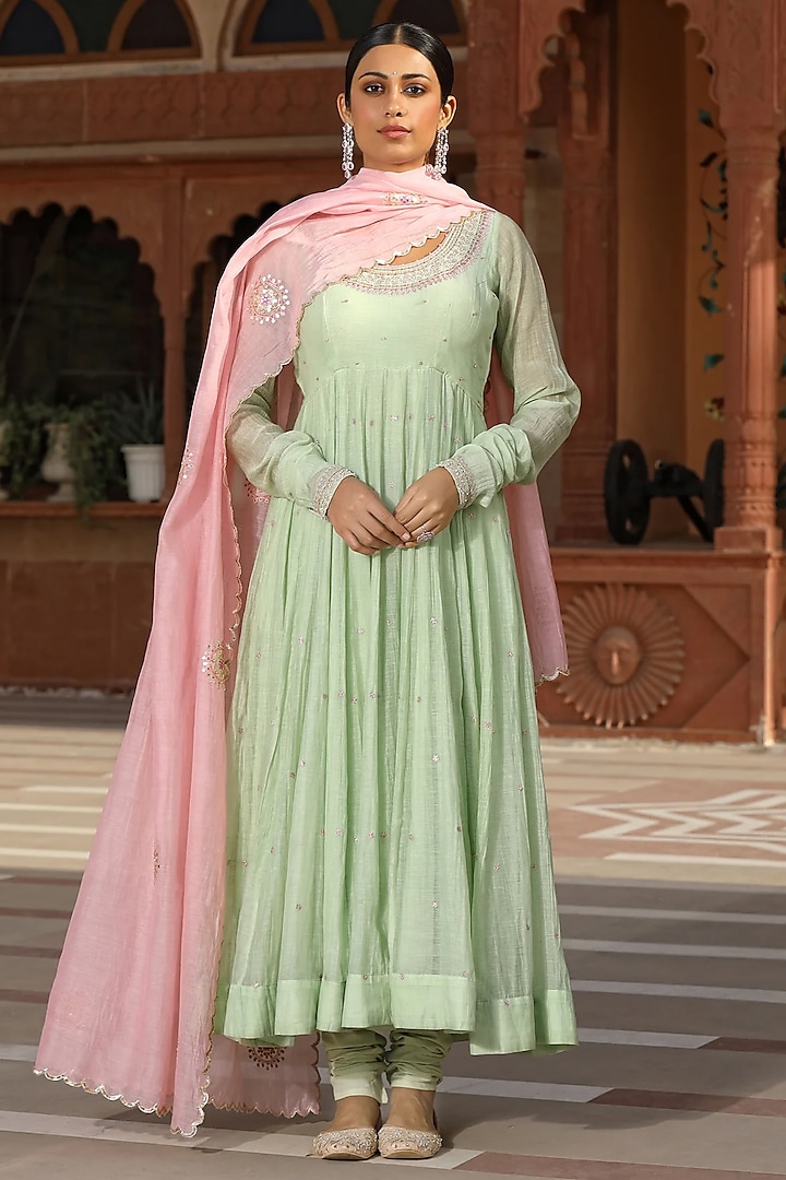 Green Cotton Silk Thread Embroidered Wedding Anarkali Set by AMOREE at Pernia's Pop Up Shop