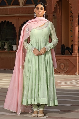 Green Cotton Silk Thread Embroidered Anarkali Set by AMOREE