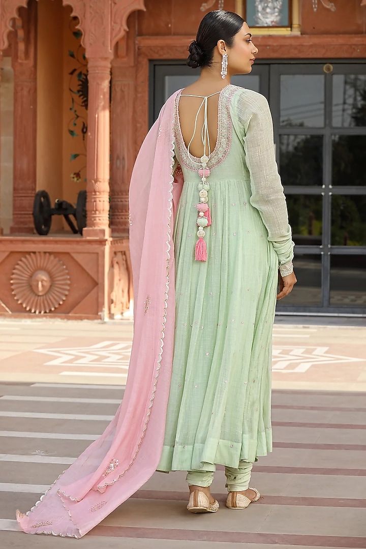 Green Cotton Silk Thread Embroidered Wedding Anarkali Set by AMOREE at Pernia's Pop Up Shop