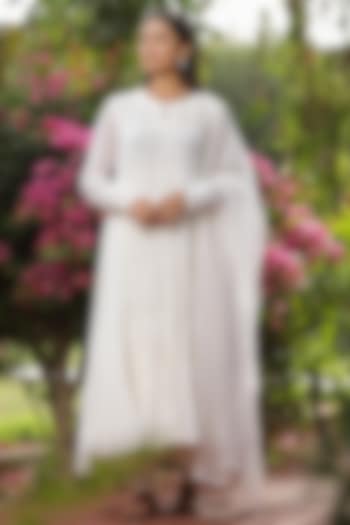 White Cotton Silk Embroidered Anarkali Set by AMOREE at Pernia's Pop Up Shop