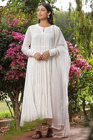 White Cotton Silk Embroidered Anarkali Set by AMOREE