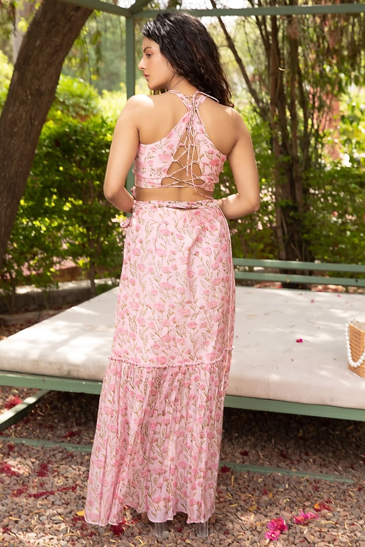 Pink Cotton Silk Block Printed Skirt Set by AMOREE at Pernia's Pop Up Shop