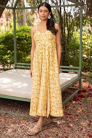 Yellow Cotton Silk Block Printed Corset Dress by AMOREE