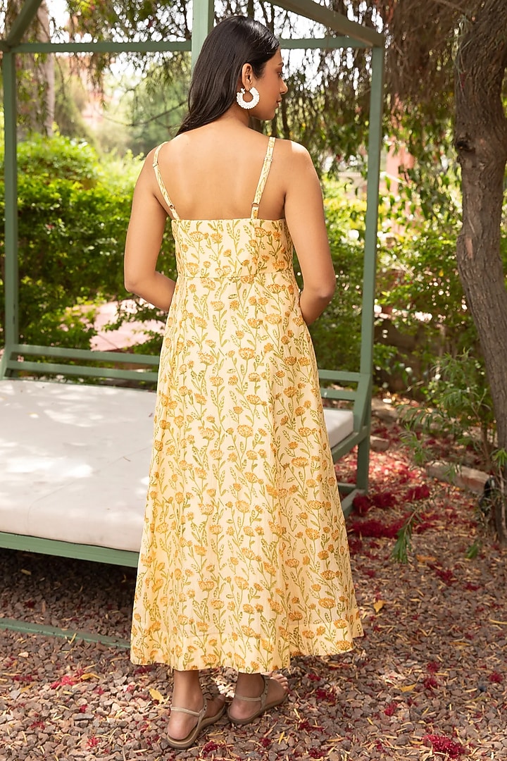 Yellow Cotton Silk Block Printed Corset Vacation Dress by AMOREE at Pernia's Pop Up Shop