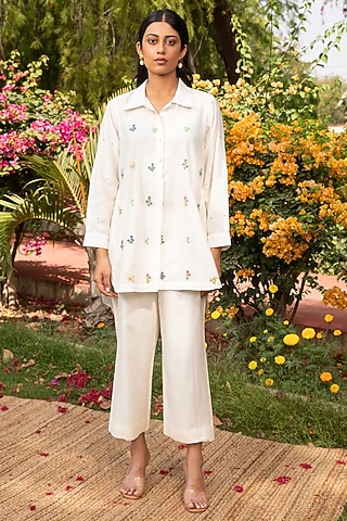 White Cotton Silk Thread Adda Work Co-Ord Set by AMOREE