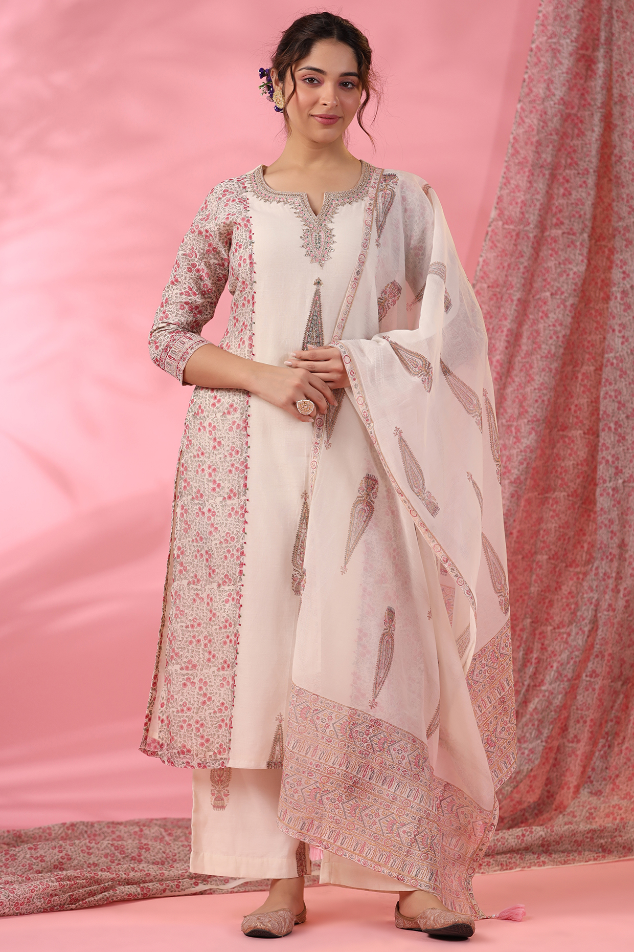 Off-White Cotton Silk Hand Block Printed Kurta Set by AMOREE at Pernia's Pop Up Shop