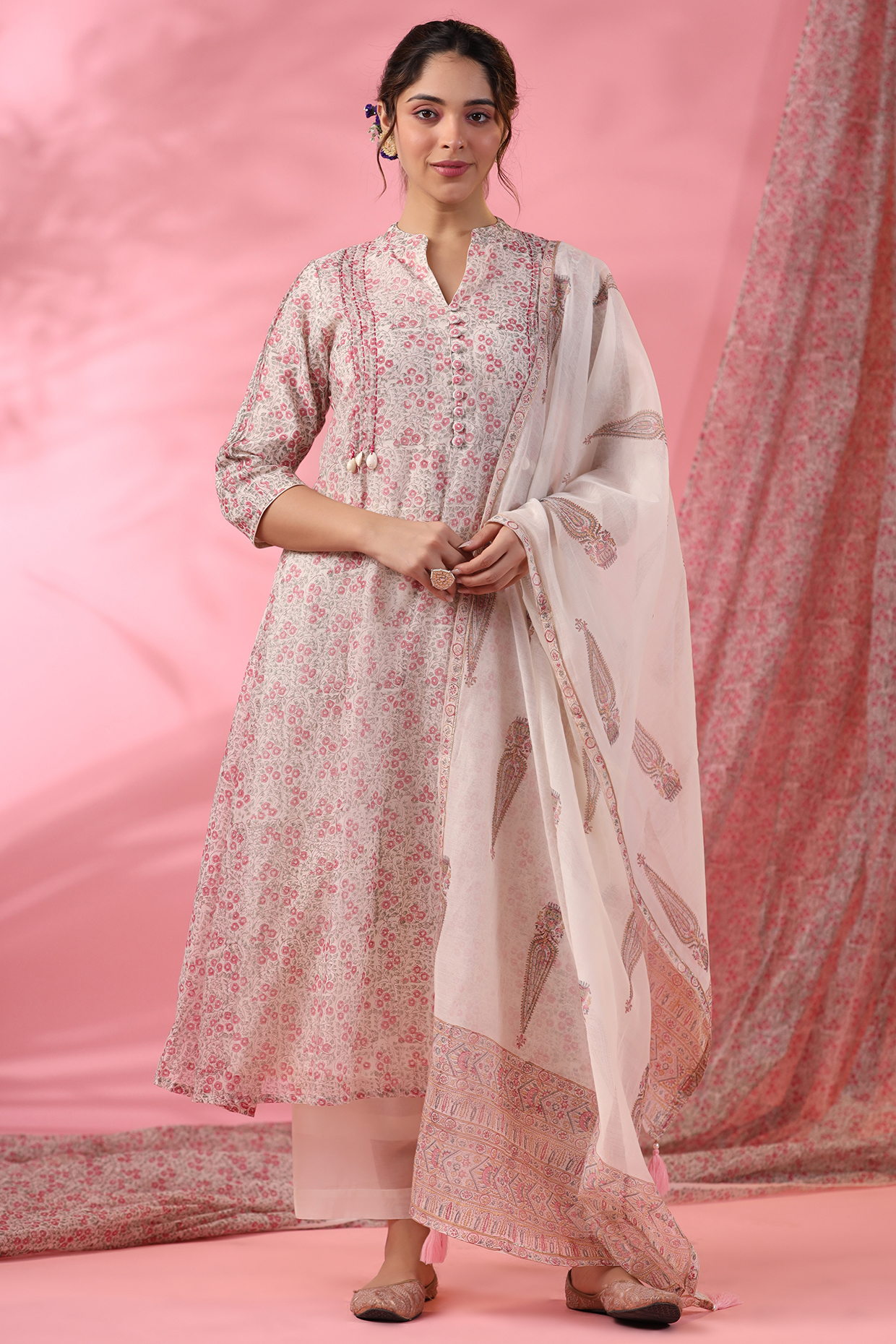 Off-White Cotton Silk Hand Block Printed A-Line Kurta Set by AMOREE at Pernia's Pop Up Shop