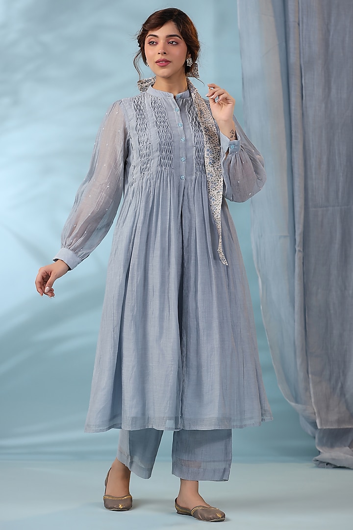 Pigeon Blue Cotton Silk Beads Embroidered Tunic Set by AMOREE