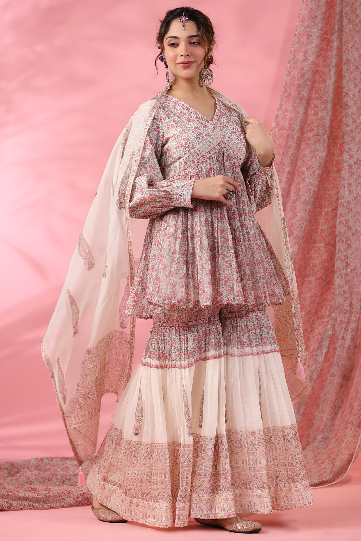 Off-White & Pink Cotton Silk Hand Block Printed Party Wear Sharara Set by AMOREE at Pernia's Pop Up Shop
