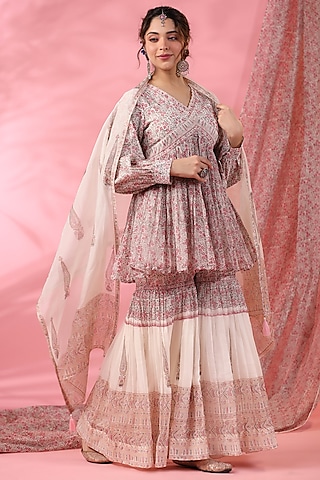 Off-White & Pink Cotton Silk Hand Block Printed Sharara Set by AMOREE