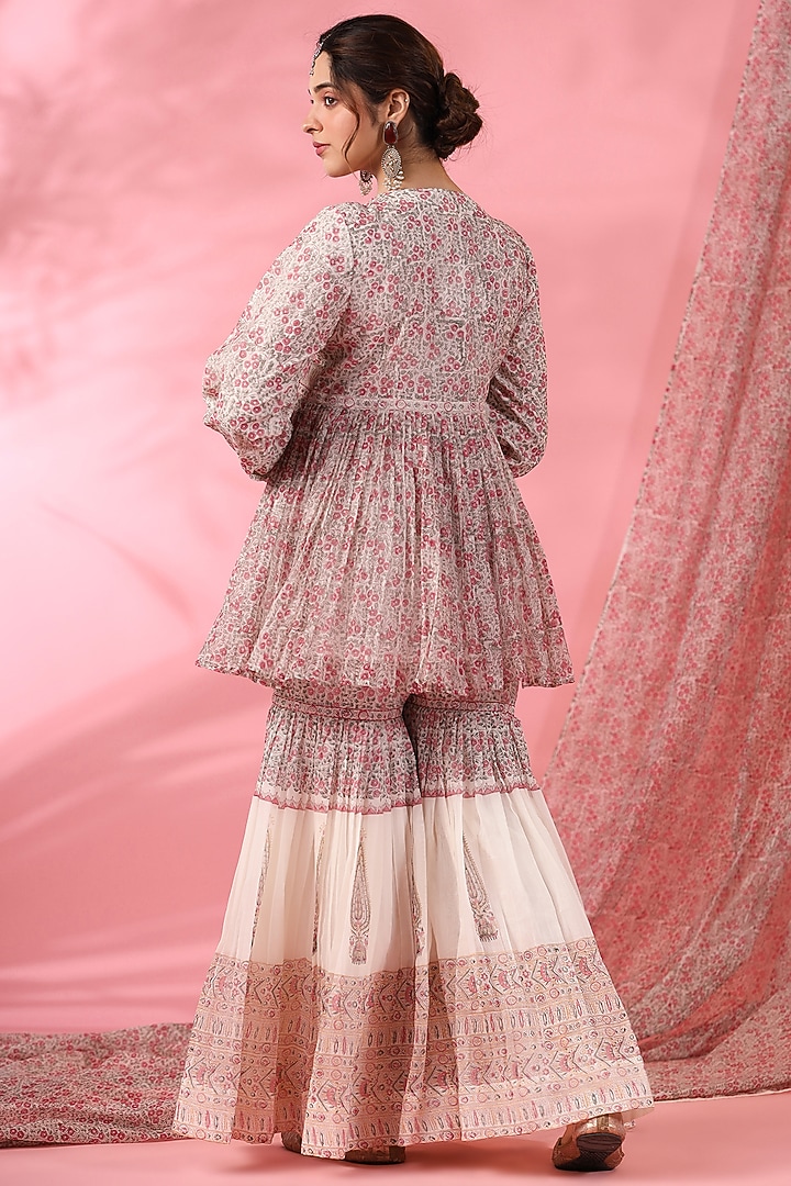 Off-White & Pink Cotton Silk Hand Block Printed Party Wear Sharara Set by AMOREE at Pernia's Pop Up Shop