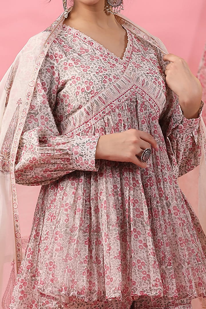 Off-White & Pink Cotton Silk Hand Block Printed Party Wear Sharara Set by AMOREE at Pernia's Pop Up Shop