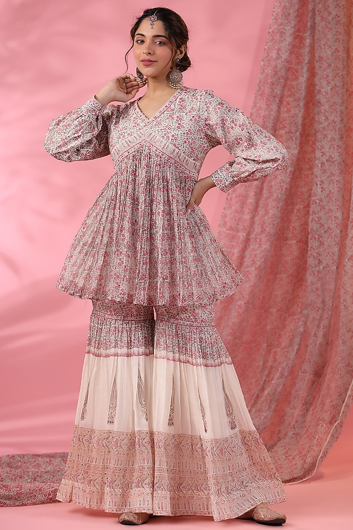 Off-White & Pink Cotton Silk Hand Block Printed Party Wear Sharara Set by AMOREE at Pernia's Pop Up Shop