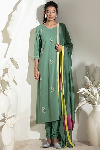 Dark Green Khadi Kurta Set by AMPM